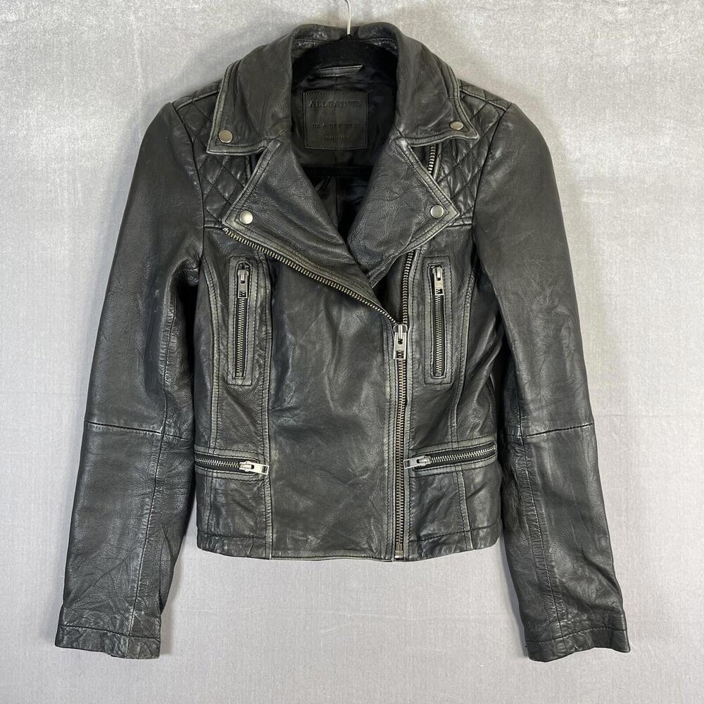 All Saints Cargo Biker Leather Jacket Womens Size 0 Black Moto Cropped Full Zip